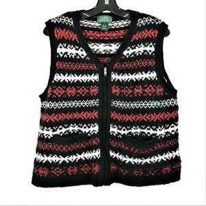 Lauren Ralph Lauren LRL Sweater Vest Black Red Women Large Front Zip Wool Blend
